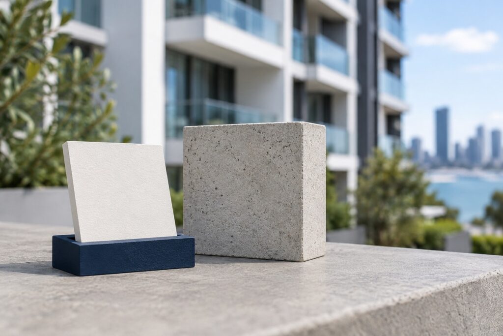 Unbranded off-white coating sample on a navy stand beside a concrete block, with a blurred building façade in the background.